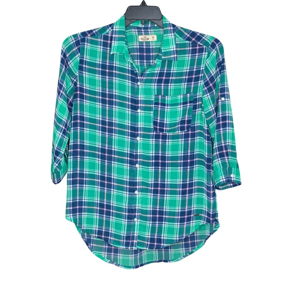 Vintage 00s Y2K Hollister Medium M Green Blue Plaid Chiffon Preppy Blouse Top